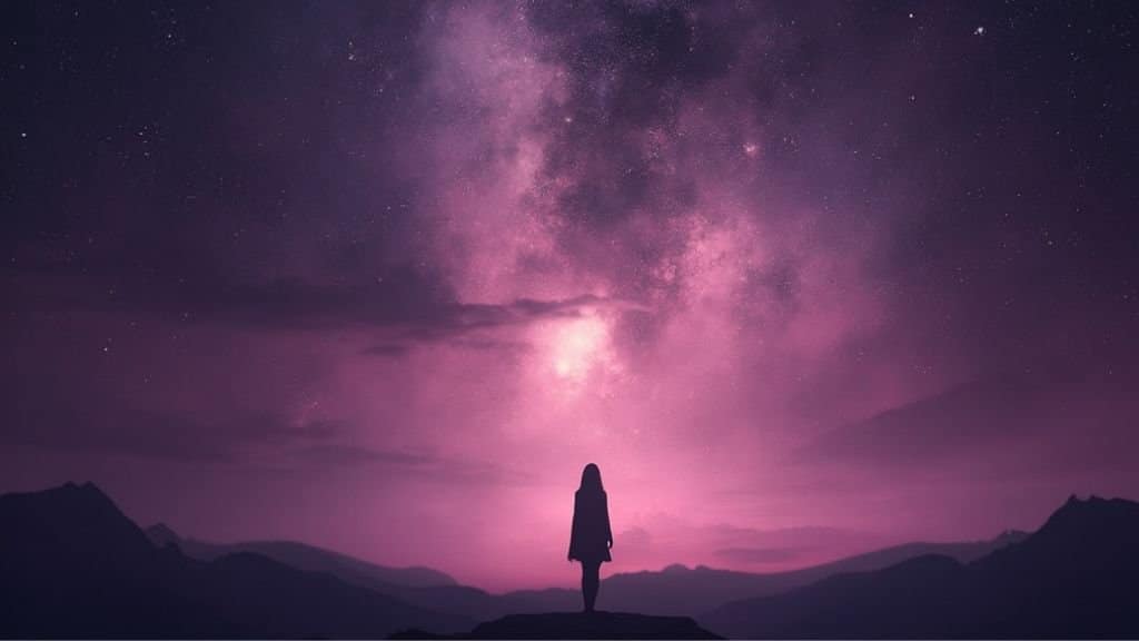 Inicio 1 Mujer observando el universo, simbolizando la búsqueda de información sobre la tiroides y la esperanza en el conocimiento